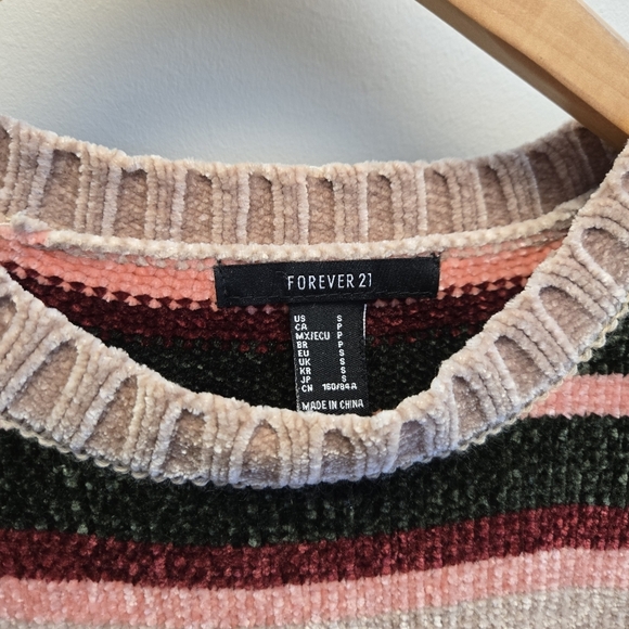 Forever 21 Small Chenille Soft Striped Oversized Sweater Tan Pink Burgundy Green - Picture 2 of 5